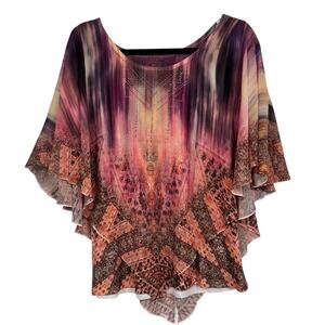 World Unity Pink Purple Rhinestone Butterfly Top Womens M Blouse Y2K Beachy